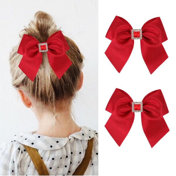 2PCS Valentine Day Hair Bows Clips Red Velvet Bows Clips Hairgrips Glitter Grosgrain Hair Clips with Rhinestones Festive Holiday Hairpins Christmas Outfits Hair Accessory Party Gifts for Kids Girls