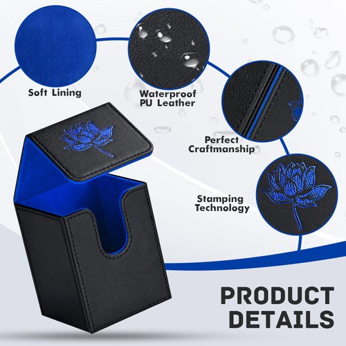 ZLCA Card Deck Box for MTG Cards with 2 Dividers, Card Storage Box Fits 100+ Single Sleeved Cards, PU Leather TCG Card Deck Case Holder for Magic Commander Yugioh (Black&Blue,Lotus)