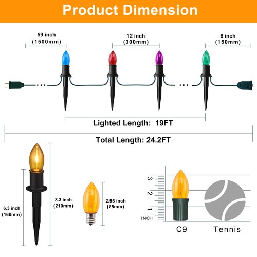 TIORIY C9 LED Christmas Pathway Lights Outdoor, 24.2ft Multicolored LED Christmas Lights with Stakes, Connectable 30 Sets Xmas Decoration Lights Outside, Walkway String Lights