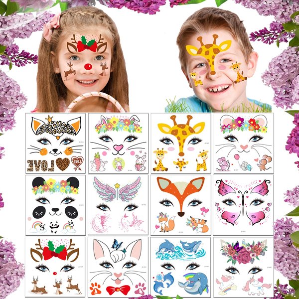 Animal Face Tattoos Stickers for Kids Temporary Fake Paint Tattoos 12 Sheets, Water Transfer Birthday Party Supplies Festival Favors Makeup Skin Decor for Girl Boy