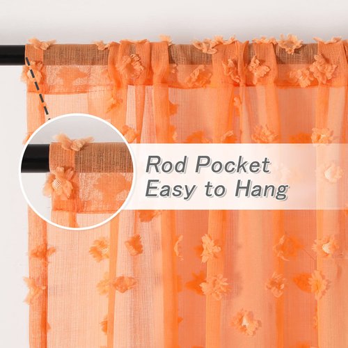 MYSKY HOME Pom Pom Orange Sheer Curtains for Living Room Bedroom Light Filtering Semi-Sheer Curtains for Nursery Girls Kids Room Boho Rod Pocket Voile Draperies Orange 37 x 54 inch 2 Panels