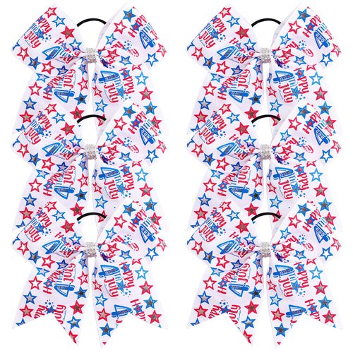 4th of July Cheer Bows American USA Patriotism Team Bows 6Pcs Patriotic Flag Cheerleader Hair Bows with Elastic Ponytail Holder for Competition Independence Day Girls Teens Kids (USA Cheer Bows Q)