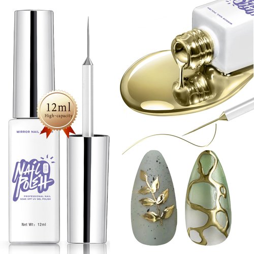 HOSAILY 12ml Metallic Gold Gel Liner Polish, Glossy Mirror Chrome Effect Gel Nail Polish Build in Thin Brush, 3D Metal Painted Drawing Striper Gel DIY Nail Manicure Soak off UV/LED Home Salon Nail Art