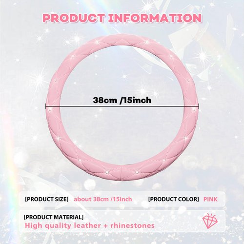 SuperKaKa Pink Steering Wheel Cover, Auto Cute PU Diamond Bling Breathable Anti Slip Soft Comfort Leather Car Interior Accessories Protector Sparkly Fit Most O-Shaped Steering Wheels for Women Men