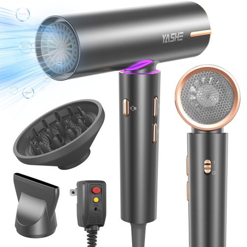 YASHE Hair Dryer with Diffuser, 1400W High-Speed Brushless Motor, 110,000 RPM Fast Drying of All Hair Types, Thermo-Control Negative Ionic Blow Dryer, 4 Temps & 3 Speeds, Lightweight for Home Travel