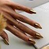 Gold Press on Nails Medium Almond Fake Nail Press ons Chrome Gold False Nails Acrylic Nails Shiny Glossy Full Cover Glue on Nails Stick on Nails for Women Girls 24 Pcs