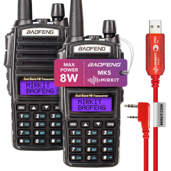 Mirkit 2Х BAOFENG UV-82 MK5 8W Max Power Ham Radio VHF/UHF 144-148/420-450MHz Walkie Talkies with 2800mAh Li-ion Baofeng Battery Pack, Baofeng Programming Cable & Mirkit Lanyards