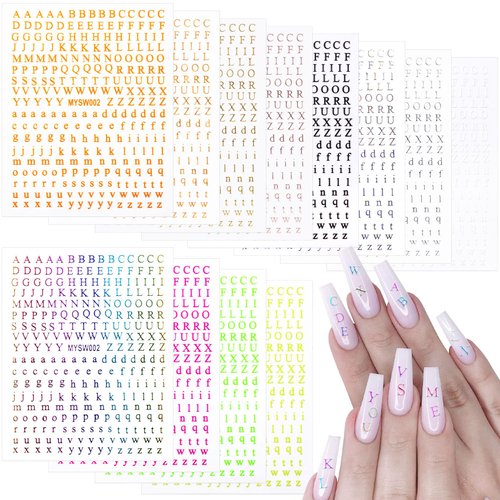 OIIKI 12 Sheets Letters Nail Stickers, 3D Holographic Nail Letter Stickers, 12 Fluorescence Color Self Adhesive Nail Decals for Women Girls Nail Art Decoration Supplies Accessories