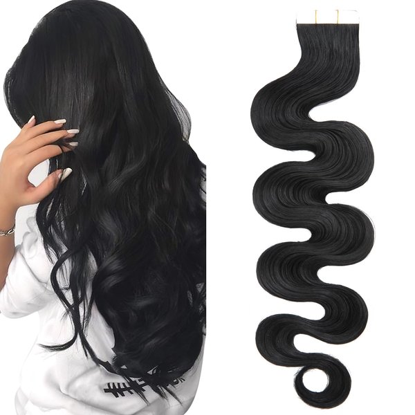SEGO Tape in Hair Extensions Wavy 22 Inch Natural 100% Remy Human Hair Real Seamless Skin Weft Invisible Rooted Double Sided Tape Hair for Women 20pcs 50g -Jet Black-Body Wave