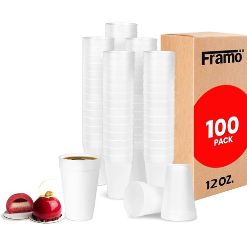 FRAMO 12 Oz Foam Cups (100 Pack) Lightweight Insulated Foam Cups for Coffee, Cold Drinks & Other Hot Beverages - Disposable Drinking Cups for Parties, Picnic, BBQ, Travel, & Events