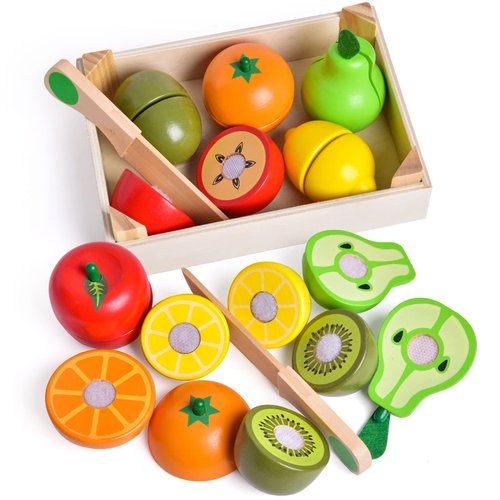 Wooden Cutting Play Food Toys - 11 PCS Wood Pretend Cutting Play Food Educational Set for Toddlers 1-3, Veggie Slicers Playset, Toys Food and Fruits with Storage Case for Christmas Birthday Gifts