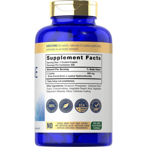 Carlyle L-Lysine 500 mg | 250 Caplet Capsules | Amino Acid Supplement | Vegetarian, Non-GMO & Gluten Free