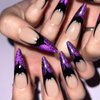 24Pcs Halloween French Tip Press on Nails Long Stiletto Purple False Nails with Cat Eyes Designs Extra Long Black Bat Fake Nails Glitter Acrylic Glue on Nails Glossy Nail Tips for Women Girls Cosplay