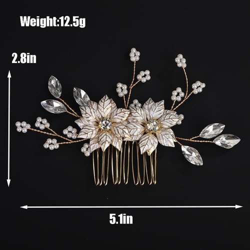 BERYUAN Gold Leaves Flower Pearls Hair Side Comb Gold Wedding Hair Comb Wedding Bridal Hair Comb Pearls Rhinestone Bridal Hair Comb for Brides Bridesmaid Girls