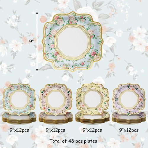 Eopelsm Floral Paper Plates Spring Tea Party Disposable Plates Tableware for Mother's Day Blossom Flower Fairy Garden Bridal Birthday Baby Shower Party Supplies, Pack of 48 (9 inch)