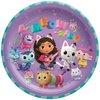 Gabby's Dollhouse Birthday Party Supplies Bundle includes 8 Dessert Cake Plates, 8 Lunch Plates, 16 Napkins, 1 Dinosaur Sticker Sheet
