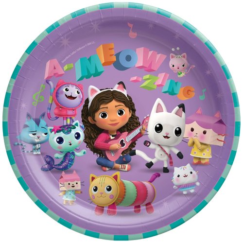 Gabby's Dollhouse Birthday Party Supplies Bundle includes 8 Dessert Cake Plates, 8 Lunch Plates, 16 Napkins, 1 Dinosaur Sticker Sheet