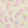 24 Pcs Nude Pink Press on Nails Short Square - SHANRUN Summer Fake Nails Press ons Nail Art Colorful French Tip Glue on Nails Full Cover Artificial Acrylic False Nails Glossy Design Stick on Nails Kit