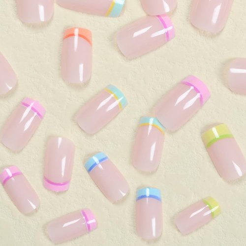 24 Pcs Nude Pink Press on Nails Short Square - SHANRUN Summer Fake Nails Press ons Nail Art Colorful French Tip Glue on Nails Full Cover Artificial Acrylic False Nails Glossy Design Stick on Nails Kit