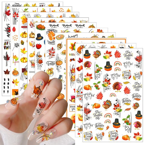 Fall Nail Art Stickers - 10 Sheets Maple Leaf Nail Art Supplies - 3D Self-Adhesive Nail Decals Autumn Thanksgiving Maple Leaves Pumpkin Turkey Nail Sticker for Women Manicure Decoration