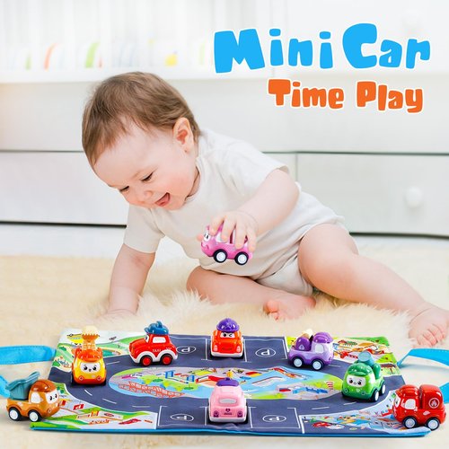 Kiddiworld Mini Car Toys for 1 Year Old Boy Gifts, 12 Sets Pull-Back Trucks with Playmat/Storage Box for Toddlers Age 1-2, Baby Toys 12-18 Months, 1st Christmas Birthday Gifts for One Year Olds