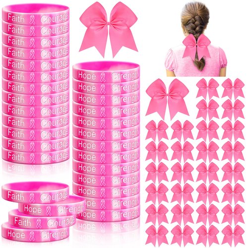 Retrowavy 60 Pcs Breast Cancer Awareness Cheer Hair Bows and Bracelets 30 Pink Cheer Hair Bows for Girls Women Cheerleading Hair Elastic Bands 30 Pink Ribbon Breast Cancer Silicone Rubber Wristbands