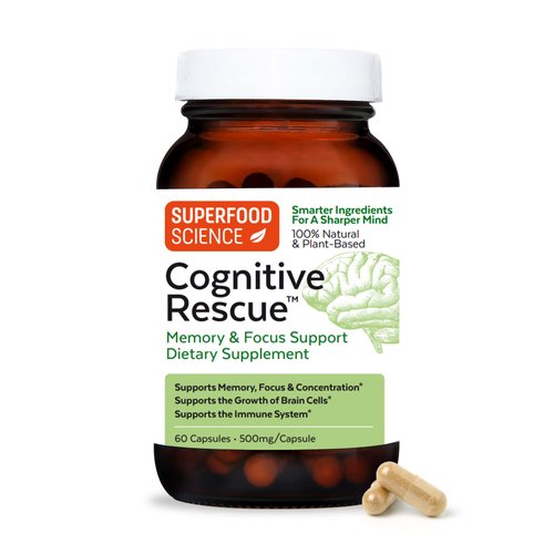 Superfood Science Cognitive Rescue, Brain Supplement for Memory and Focus w/Lions Mane Mushroom, B Vitamins & Black Pepper Extract, Plant-based Nootropics Brain Support Supplement for Adults, 60 Caps