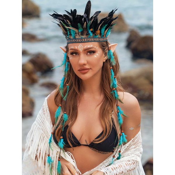 GORTIN Indian Feather Headdress Boho Feather Headband Hippie Headbands Native American Headpiece Gypsy Festival Costume Feather Hair Accessory for Women