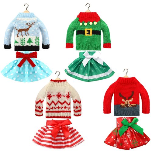 JANYUN 8 Pcs Christmas Doll Clothes, Christmas Elf Doll Sweater and Skirts Winter Knitted Clothing with Elk Snowflake for Doll Holiday Xmas Gift