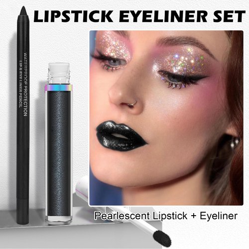 AOAZXBB Black Lipstick Lip Liner Set Pearlescent Liquid Lipstick Black Lip Gloss Long Lasting Black Lip Liner for Halloween Cosplay Goth Makeup