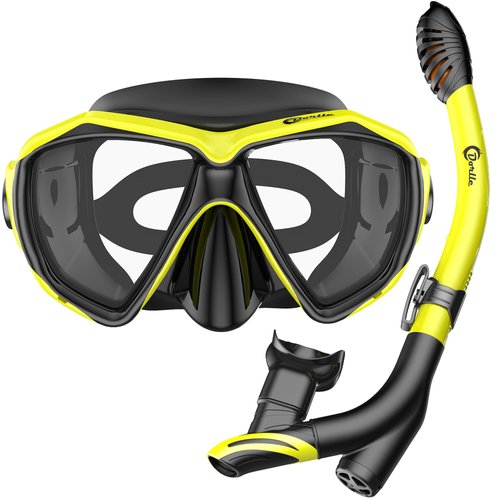 Dorlle Snorkel Set, Anti-Fog Tempered Glass Diving Mask, Anti-Leak Dry Top Snorkel Mask, Easy Breathing and Adjustable Snorkeling Gear for Adult and Youth（Yellow/Black）