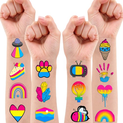 106 PCS Pansexual Rainbow Pride Month Temporary Tattoos Themed Birthday Party Decorations Favors Supplies Cute Pan Flag Gay LGBT Tattoo Stickers Gifts For Men Woman Classroom School Reward Festival