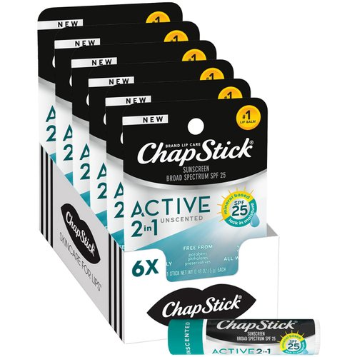 ChapStick Lip Sunscreen 6-Pack – Active 2-in-1 Unscented Lip Balm with SPF 25, 0.15 Oz Ea