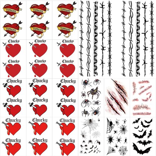 Zeecdatoo 80+Pcs Bride of Chucky Tattoos, Tiffany Tattoos, Barbed Wire Temporary Tattoos, Tiffany Costume Bride of Chucky Fake Halloween Scar Tattoo Stickers Spider Bat Tattoos Perfect for Halloween