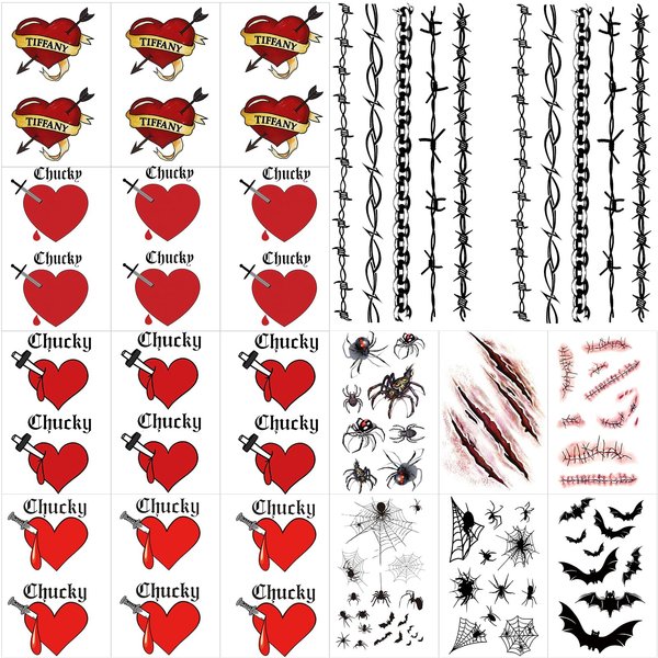 Zeecdatoo 80+Pcs Bride of Chucky Tattoos, Tiffany Tattoos, Barbed Wire Temporary Tattoos, Tiffany Costume Bride of Chucky Fake Halloween Scar Tattoo Stickers Spider Bat Tattoos Perfect for Halloween