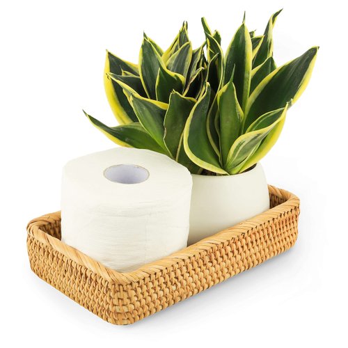 CELEZAR Rattan Toilet Tank Basket Woven Guest Towel Holder for Serving Organizing Bread Shelves 10 x 6 x 2 inches Bathroom Counter Organizers and Storage Decorative Wicker Tray (Honey Brown)