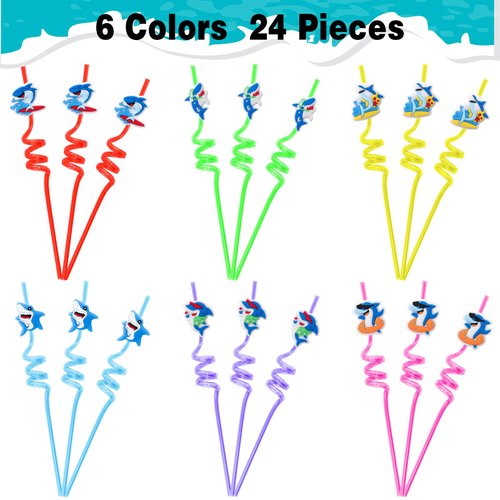 24Pcs Reusable Cute Shark Birthday Party Favors Pool Party Supplies Beach Drinking Party Straw for Shark Party Favors