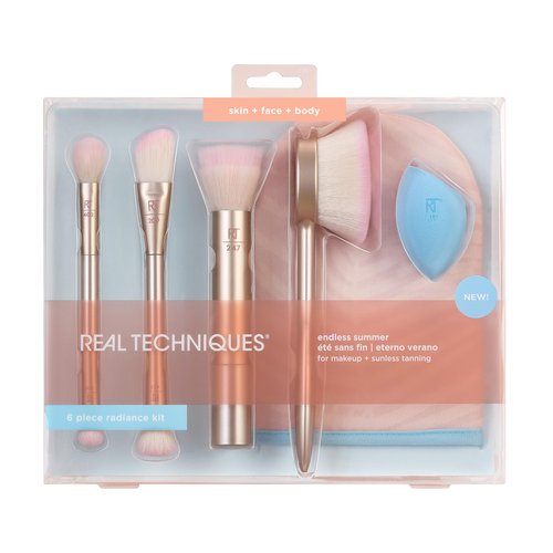 Real Techniques Endless Summer Makeup Brush Kit, Face Brushes, For Foundation, Powder, Highlight, Contour, & Bronzer, Inlcudes Tanning Mitt, Premium Quality, 6 Piece Set