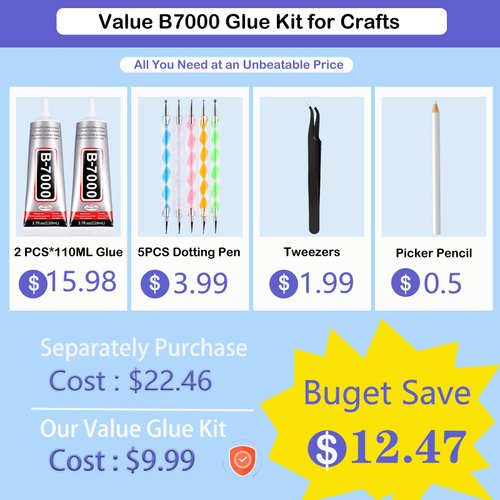 B7000 Adhesive Rhinestones Glue for Crafts, 2PCS 110ml / 3.7 fl oz B7000 Clear Glue with 5 Dotting Pen Tool, Wax Pencil and Tweezer, Jewelry Glue for DIY Craft Makeup Shoes Jewelry Making Nail Art
