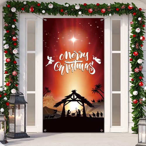 Christmas Nativity Door Cover Decoration Jesus Holy Night Christmas Fabric Door Cover Porch Sign Nativity Scene Religious Orange Red Front Door Hanging Banner Backdrop for Holiday Christmas 71x35inch