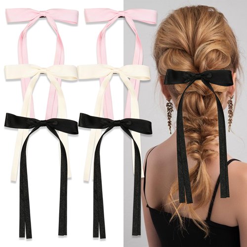 FULZTEY Hair Clips for Women Tassel Ribbon Bow Hair Clip with Long Tail Solid Satin Girls Bows French Bowknot Barrettes Alligator Kawaii Hair Accessories 6PCS (Black Pink White)
