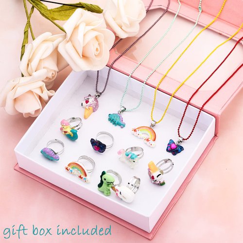 SOTOGO 24 Pieces Girls Necklaces and Rings Set Colorful Gift Party Favors Friendship Pretend Dress up Play Jewelry for Kids Child Toddler, Clever Style
