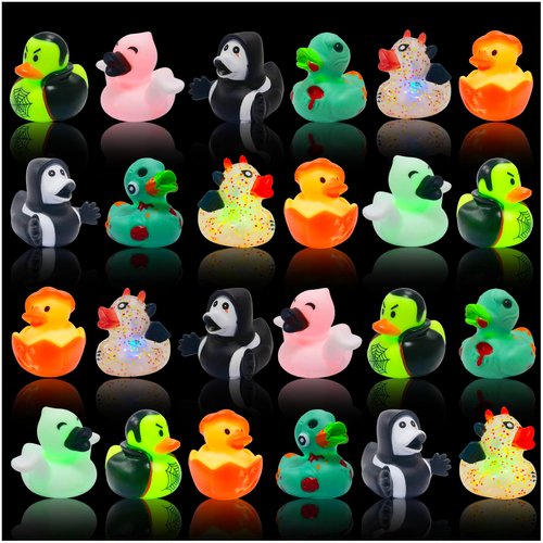 24 Pcs Halloween Rubber Ducks with LED Balloon Lights Mini Round Balls,Jeep Duckies Bath Toys for Kids Halloween Party Favors,Gift Exchange Trick or Treat Supplies, Goodie Bag Fillers
