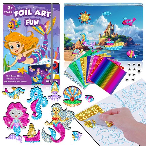 homicozy Art & Craft Activity for Kids-Foil Fun Mermaid,No Mess Art Crafts for Girls,DIY Foil Foam Stickers,Creative Activity Kits,Kids Travel Toys,Gifts for Girls & Boys Ages 4-10