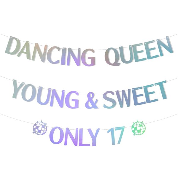 Dancing Queen 17th Birthday Party Decorations Banner, Dancing Queen Young & Sweet Only 17 Banner, Happy Dancing Queen Themed Party Supplies Holographic