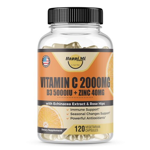 Happi Mi Nutrition Vitamin C 2000MG, Zinc 40 mg, Vitamin D3 5000 IU, Echinacea Extract, Rose Hip, Immune Support for Adults & Kids, Immune Booster,120 Vegan Caps, 60 Day Supply, Non GMO, No Filler