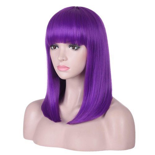 AMZCOS 15 Inch Short Straight Purple Bob Wig with Bangs | Natural Heat Resistant Synthetic Hair for Women Costume Wigs