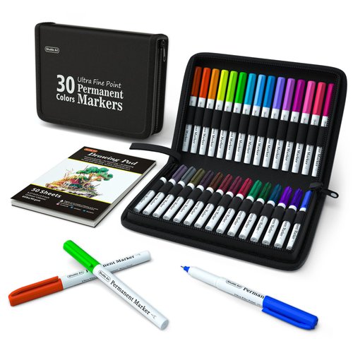 Shuttle Art Permanent Markers, 30 Assorted Colors Ultra Fine Point Permanent Marker Packed in Travel Case, Ideal Colored Markers Set for Adults Coloring Doodling on Plastic, Glass, Gift for Teens