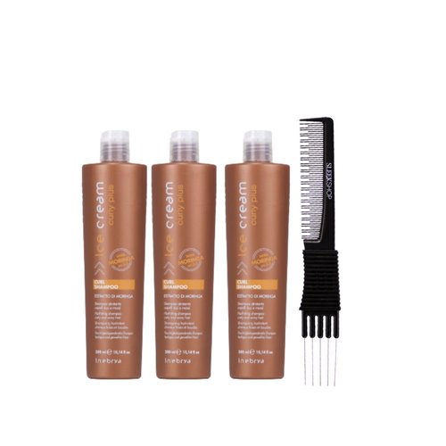kuss Inebrya Ice Cream Curly Plus Curl Shampoo (10.14 oz) with Teasing Comb Pack of 3