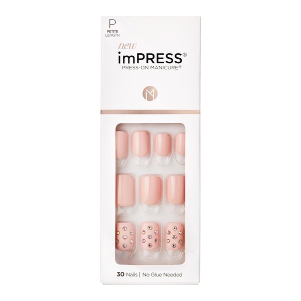 KISS imPRESS No Glue Mani Press On Nails, Design, 'Petite Secrets', Pink, Petite Size, Squoval Shape, Includes 30 Nails, Prep Pad, Instructions Sheet, 1 Manicure Stick, 1 Mini File